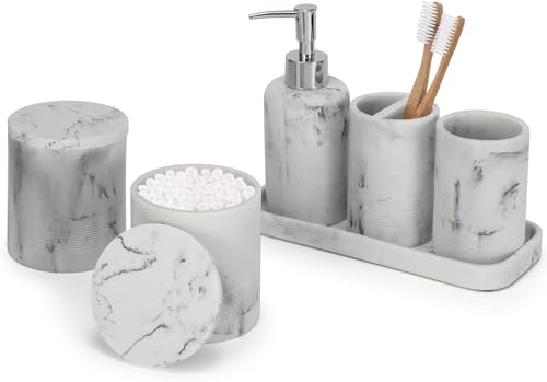 ZCCZ Badezimmer Set – 6 Teile – Badezimmer Organizer mit Zahnbürstenhalter, Seifenspender, Seifenschale, für Kosmetik u. Wattestäbchen – Edle Badezimmer Deko in Marmor-Optik, weiß von zccz