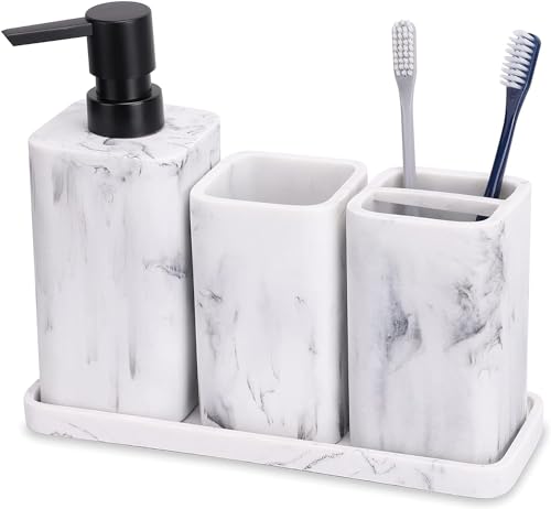 ZCCZ Badezimmer Set 4 Teile – Badezimmer Organizer mit Zahnbürstenhalter, Zahnputzbecher, Seifenspender, Seifenschale, für Kosmetik und Wattestäbchen – Edle Badezimmer Deko in Marmor-Optik, weiß von zccz