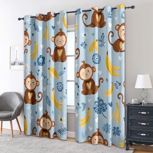 zcwl AFFE Vorhänge, Cartoon Banane Blau Verdunklungsvorhänge mit Ösen, Vorhang Blickdicht für Wohnzimmer Schlafzimmer Dekoration, Gardinen mit Muster, 2er Set, 200 x 140 cm (HöhexBreite) von zcwl