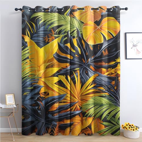 zcwl Blatt Vorhänge, Botanisch Bunt Verdunklungsvorhänge mit Ösen, Vorhang Blickdicht für Wohnzimmer Schlafzimmer Dekoration, Gardinen mit Muster, 2er Set, 175 x 140 cm (HöhexBreite) von zcwl