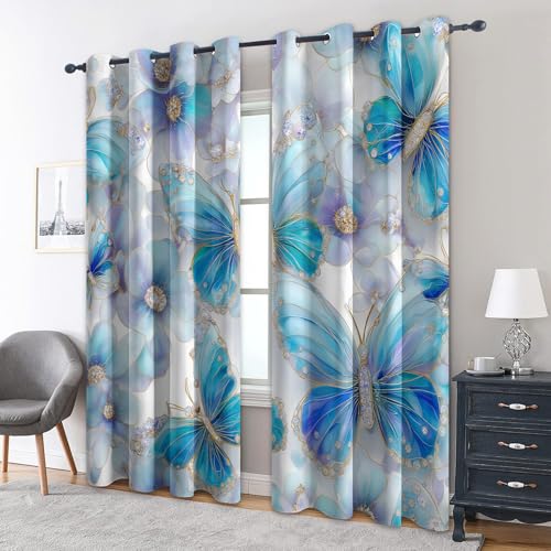 zcwl Blauer Schmetterling Vorhänge, Elegantes Blumen Verdunklungsvorhänge mit Ösen, Vorhang Blickdicht für Wohnzimmer Schlafzimmer Dekoration, Gardinen mit Muster, 2er Set, 245 x 140 cm (HöhexBreite) zcwl Blauer Schmetterling Vorhänge, Elegantes Blumen Verdunklungsvorhänge mit Ösen, Vorhang Blickdicht für Wohnzimmer Schlafzimmer Dekoration, Gardinen mit Muster, 2er Set, 245 x 140 cm (HöhexBreite) von zcwl