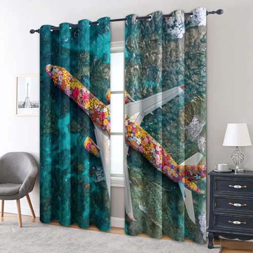 zcwl Blumen Flugzeug Vorhänge, Fantasyflugzeug Verdunklungsvorhänge mit Ösen, Vorhang Blickdicht für Wohnzimmer Schlafzimmer Dekoration, Gardinen mit Muster, 2er Set, 228 x 167 cm (HöhexBreite) von zcwl