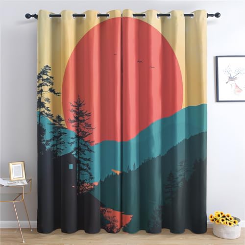 zcwl Boho Sonnenuntergang Vorhänge, Berg Verdunklungsvorhänge mit Ösen, Vorhang Blickdicht für Wohnzimmer Schlafzimmer Dekoration, Gardinen mit Muster, 2er Set, 200 x 140 cm (HöhexBreite) von zcwl