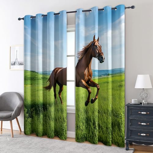 zcwl Braunes Pferd Vorhänge, Grüne Blaue Natur Verdunklungsvorhänge mit Ösen, Vorhang Blickdicht für Wohnzimmer Schlafzimmer Dekoration, Gardinen mit Muster, 2er Set, 260 x 140 cm (HöhexBreite) von zcwl