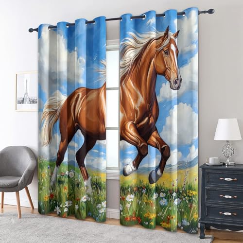 zcwl Braunes Pferd Vorhänge, Landschafts Natur Verdunklungsvorhänge mit Ösen, Vorhang Blickdicht für Wohnzimmer Schlafzimmer Dekoration, Gardinen mit Muster, 2er Set, 220 x 140 cm (HöhexBreite) von zcwl