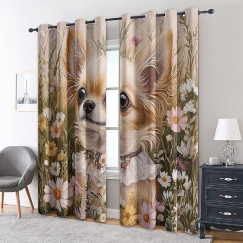 zcwl Chihuahua Vorhänge, Nette Hundblume Verdunklungsvorhänge mit Ösen, Vorhang Blickdicht für Wohnzimmer Schlafzimmer Dekoration, Gardinen mit Muster, 2er Set, 228 x 167 cm (HöhexBreite) von zcwl