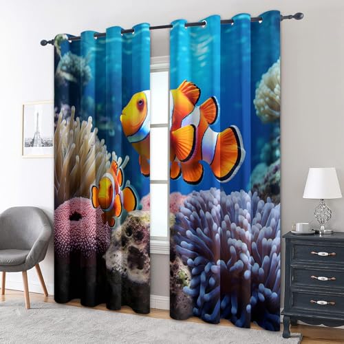 zcwl Clownfisch Vorhänge, Blauer Orangenmeerfisch Verdunklungsvorhänge mit Ösen, Vorhang Blickdicht für Wohnzimmer Schlafzimmer Dekoration, Gardinen mit Muster, 2er Set, 137 x 117 cm (HöhexBreite) zcwl Clownfisch Vorhänge, Blauer Orangenmeerfisch Verdunklungsvorhänge mit Ösen, Vorhang Blickdicht für Wohnzimmer Schlafzimmer Dekoration, Gardinen mit Muster, 2er Set, 137 x 117 cm (HöhexBreite) von zcwl
