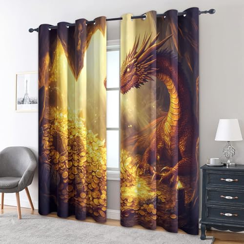zcwl Drachen Vorhänge, Mittelalterliche Fantasie Gold Verdunklungsvorhänge mit Ösen, Vorhang Blickdicht für Wohnzimmer Schlafzimmer Dekoration, Gardinen mit Muster, 2er Set, 228 x 167 cm (HöhexBreite) zcwl Drachen Vorhänge, Mittelalterliche Fantasie Gold Verdunklungsvorhänge mit Ösen, Vorhang Blickdicht für Wohnzimmer Schlafzimmer Dekoration, Gardinen mit Muster, 2er Set, 228 x 167 cm (HöhexBreite) von zcwl