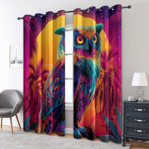 zcwl Eule Vorhänge, Neon Fantasy Bird Verdunklungsvorhänge mit Ösen, Vorhang Blickdicht für Wohnzimmer Schlafzimmer Dekoration, Gardinen mit Muster, 2er Set, 200 x 140 cm (HöhexBreite) von zcwl