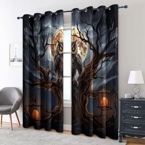 zcwl Eule Vorhänge, Spooky Halloween Verdunklungsvorhänge mit Ösen, Vorhang Blickdicht für Wohnzimmer Schlafzimmer Dekoration, Gardinen mit Muster, 2er Set, 260 x 140 cm (HöhexBreite) von zcwl
