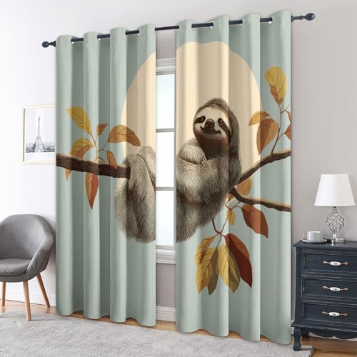 zcwl Faultier Auf Baum Vorhänge, Süßes Tier Verdunklungsvorhänge mit Ösen, Vorhang Blickdicht für Wohnzimmer Schlafzimmer Dekoration, Gardinen mit Muster, 2er Set, 260 x 140 cm (HöhexBreite) von zcwl
