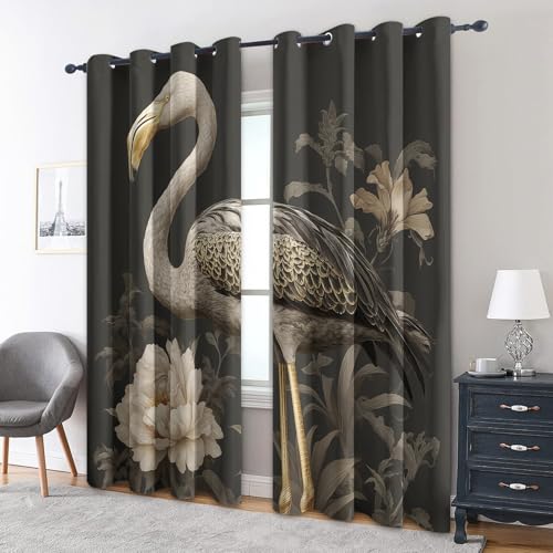 zcwl Flamingo Vorhänge, Vintage Vogelblumen Verdunklungsvorhänge mit Ösen, Vorhang Blickdicht für Wohnzimmer Schlafzimmer Dekoration, Gardinen mit Muster, 2er Set, 300 x 140 cm (HöhexBreite) von zcwl