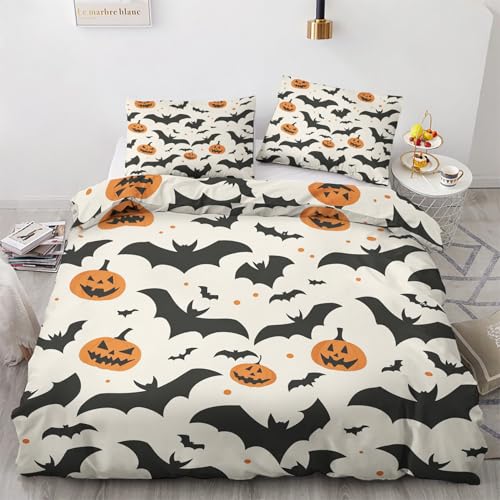 zcwl Fledermaus Bettwäsche 200x220, Kürbis Halloween Bettbezug Set 3 teilig, Weiche Kuschelige Mikrofaser Bettwäsche-Sets, Wendebettwäsche und 2 Kissenbezug 80x80 mit Reißverschluss von zcwl