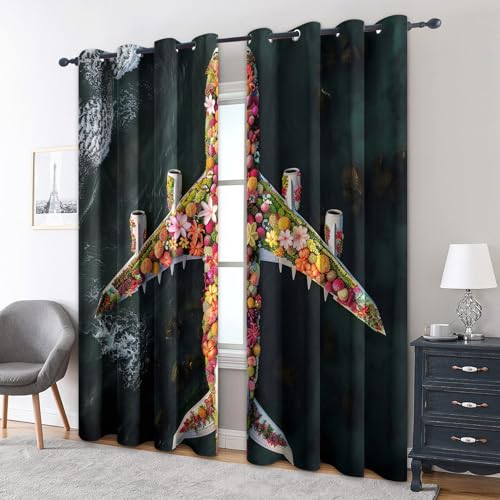 zcwl Flugzeug Blumen Vorhänge, Fantasy Flug Verdunklungsvorhänge mit Ösen, Vorhang Blickdicht für Wohnzimmer Schlafzimmer Dekoration, Gardinen mit Muster, 2er Set, 175 x 140 cm (HöhexBreite) von zcwl