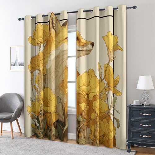 zcwl Fuchs Vorhänge, Gelbe Blumen Verdunklungsvorhänge mit Ösen, Vorhang Blickdicht für Wohnzimmer Schlafzimmer Dekoration, Gardinen mit Muster, 2er Set, 175 x 140 cm (HöhexBreite) von zcwl