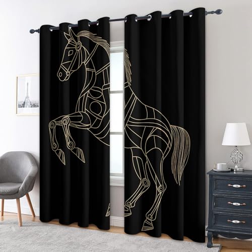 zcwl Geometrisches Pferd Vorhänge, Schwarzes Gold Verdunklungsvorhänge mit Ösen, Vorhang Blickdicht für Wohnzimmer Schlafzimmer Dekoration, Gardinen mit Muster, 2er Set, 260 x 140 cm (HöhexBreite) von zcwl