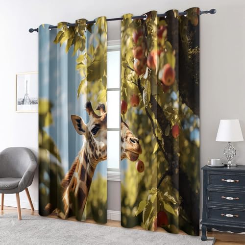 zcwl Giraffe Vorhänge, Apfelbaum Natur Verdunklungsvorhänge mit Ösen, Vorhang Blickdicht für Wohnzimmer Schlafzimmer Dekoration, Gardinen mit Muster, 2er Set, 175 x 140 cm (HöhexBreite) von zcwl