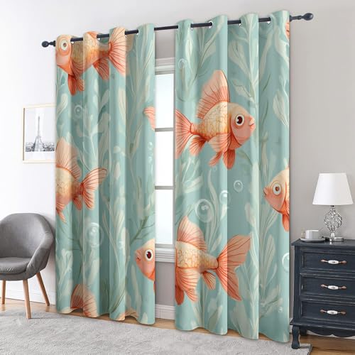 zcwl Goldfisch Vorhänge, Fisch Hellblau Verdunklungsvorhänge mit Ösen, Vorhang Blickdicht für Wohnzimmer Schlafzimmer Dekoration, Gardinen mit Muster, 2er Set, 228 x 167 cm (HöhexBreite) von zcwl