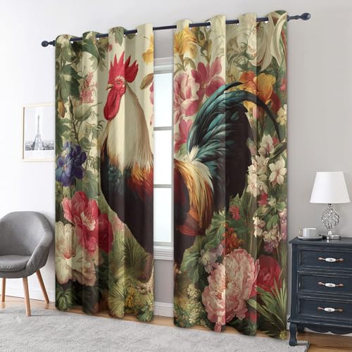 zcwl Hahn Vorhänge, Hühner Vintage Blumen Verdunklungsvorhänge mit Ösen, Vorhang Blickdicht für Wohnzimmer Schlafzimmer Dekoration, Gardinen mit Muster, 2er Set, 175 x 140 cm (HöhexBreite) von zcwl