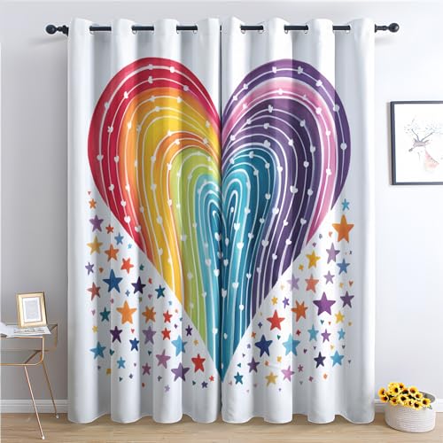 zcwl Herz Regenbogen Vorhänge, Stern Bunt Verdunklungsvorhänge mit Ösen, Vorhang Blickdicht für Wohnzimmer Schlafzimmer Dekoration, Gardinen mit Muster, 2er Set, 145 x 140 cm (HöhexBreite) von zcwl