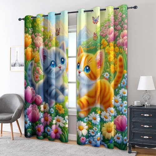 zcwl Kätzchen Vorhänge, Cartoon Katze Blumen Verdunklungsvorhänge mit Ösen, Vorhang Blickdicht für Wohnzimmer Schlafzimmer Dekoration, Gardinen mit Muster, 2er Set, 260 x 140 cm (HöhexBreite) von zcwl