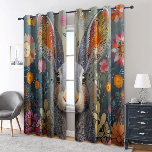 zcwl Kaninchen Vorhänge, Boho Blumentier Verdunklungsvorhänge mit Ösen, Vorhang Blickdicht für Wohnzimmer Schlafzimmer Dekoration, Gardinen mit Muster, 2er Set, 300 x 140 cm (HöhexBreite) von zcwl