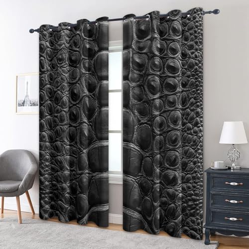 zcwl Krokodil Vorhänge, Schwarz Grau Verdunklungsvorhänge mit Ösen, Vorhang Blickdicht für Wohnzimmer Schlafzimmer Dekoration, Gardinen mit Muster, 2er Set, 160 x 132 cm (HöhexBreite) von zcwl