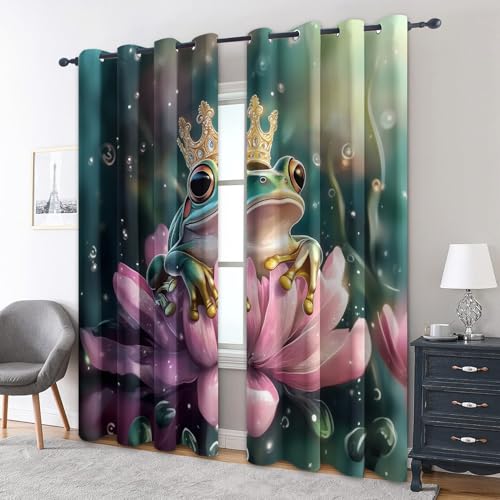 zcwl Kronfrosch Vorhänge, Lotus Fantasy Animal Verdunklungsvorhänge mit Ösen, Vorhang Blickdicht für Wohnzimmer Schlafzimmer Dekoration, Gardinen mit Muster, 2er Set, 300 x 140 cm (HöhexBreite) von zcwl