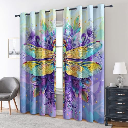 zcwl Libelle Vorhänge, Lila Mandala Verdunklungsvorhänge mit Ösen, Vorhang Blickdicht für Wohnzimmer Schlafzimmer Dekoration, Gardinen mit Muster, 2er Set, 145 x 140 cm (HöhexBreite) von zcwl