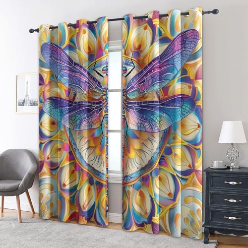 zcwl Libelle Vorhänge, Mandala Insekt Verdunklungsvorhänge mit Ösen, Vorhang Blickdicht für Wohnzimmer Schlafzimmer Dekoration, Gardinen mit Muster, 2er Set, 245 x 140 cm (HöhexBreite) von zcwl
