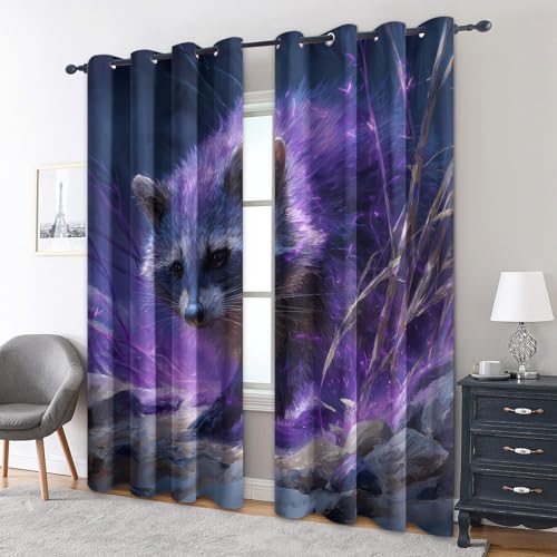 zcwl Lila Waschbär Vorhänge, Waldtier Verdunklungsvorhänge mit Ösen, Vorhang Blickdicht für Wohnzimmer Schlafzimmer Dekoration, Gardinen mit Muster, 2er Set, 228 x 167 cm (HöhexBreite) von zcwl