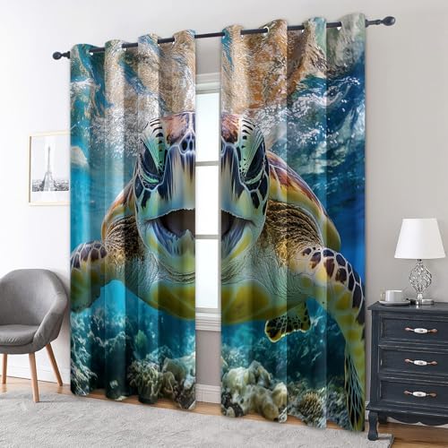 zcwl Meeresschildkröte Vorhänge, Blauer Ozean Verdunklungsvorhänge mit Ösen, Vorhang Blickdicht für Wohnzimmer Schlafzimmer Dekoration, Gardinen mit Muster, 2er Set, 200 x 140 cm (HöhexBreite) von zcwl