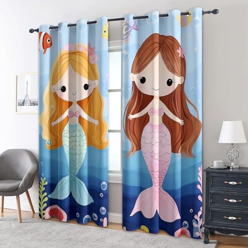 zcwl Meerjungfrau Vorhänge, Netter Cartoon Verdunklungsvorhänge mit Ösen, Vorhang Blickdicht für Wohnzimmer Schlafzimmer Dekoration, Gardinen mit Muster, 2er Set, 245 x 140 cm (HöhexBreite) von zcwl