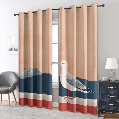 zcwl Möwe Vorhänge, Küsten Nautische Vogel Verdunklungsvorhänge mit Ösen, Vorhang Blickdicht für Wohnzimmer Schlafzimmer Dekoration, Gardinen mit Muster, 2er Set, 200 x 140 cm (HöhexBreite) von zcwl