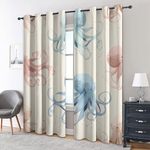 zcwl Oktopus Vorhänge, Meeresleben Verdunklungsvorhänge mit Ösen, Vorhang Blickdicht für Wohnzimmer Schlafzimmer Dekoration, Gardinen mit Muster, 2er Set, 145 x 140 cm (HöhexBreite) von zcwl