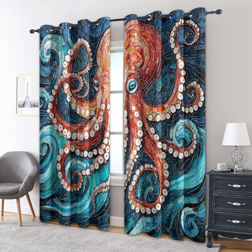 zcwl Oktopus Vorhänge, Mosaikfliesen Verdunklungsvorhänge mit Ösen, Vorhang Blickdicht für Wohnzimmer Schlafzimmer Dekoration, Gardinen mit Muster, 2er Set, 245 x 140 cm (HöhexBreite) von zcwl