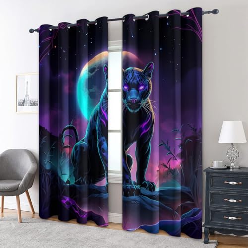 zcwl Panther Vorhänge, Neon Fantasy Tier Verdunklungsvorhänge mit Ösen, Vorhang Blickdicht für Wohnzimmer Schlafzimmer Dekoration, Gardinen mit Muster, 2er Set, 220 x 140 cm (HöhexBreite) von zcwl