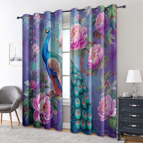 zcwl Pfau Vorhänge, Grüne Rosa Blumen Verdunklungsvorhänge mit Ösen, Vorhang Blickdicht für Wohnzimmer Schlafzimmer Dekoration, Gardinen mit Muster, 2er Set, 220 x 140 cm (HöhexBreite) von zcwl