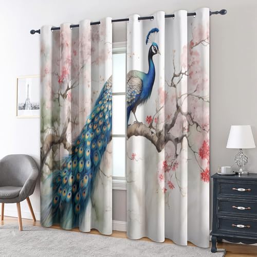 zcwl Pfau Vorhänge, Kirschblüte Blumen Verdunklungsvorhänge mit Ösen, Vorhang Blickdicht für Wohnzimmer Schlafzimmer Dekoration, Gardinen mit Muster, 2er Set, 145 x 140 cm (HöhexBreite) von zcwl