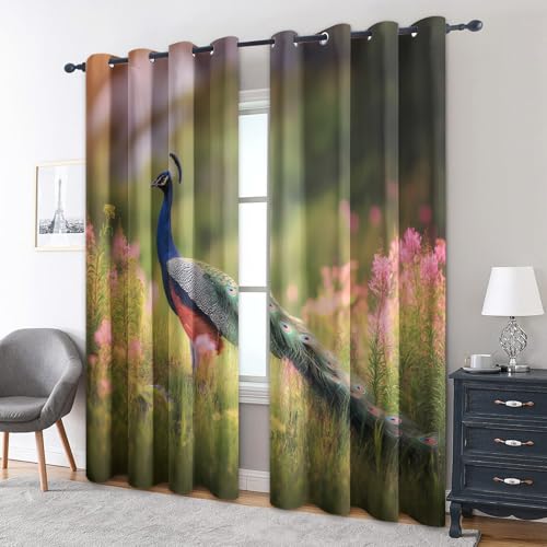 zcwl Pfau Vorhänge, Vogelblumen Natur Verdunklungsvorhänge mit Ösen, Vorhang Blickdicht für Wohnzimmer Schlafzimmer Dekoration, Gardinen mit Muster, 2er Set, 175 x 140 cm (HöhexBreite) von zcwl