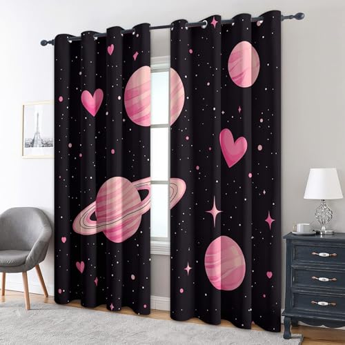 zcwl Pink Planet Vorhänge, Weltraumhimmels Verdunklungsvorhänge mit Ösen, Vorhang Blickdicht für Wohnzimmer Schlafzimmer Dekoration, Gardinen mit Muster, 2er Set, 160 x 132 cm (HöhexBreite) von zcwl