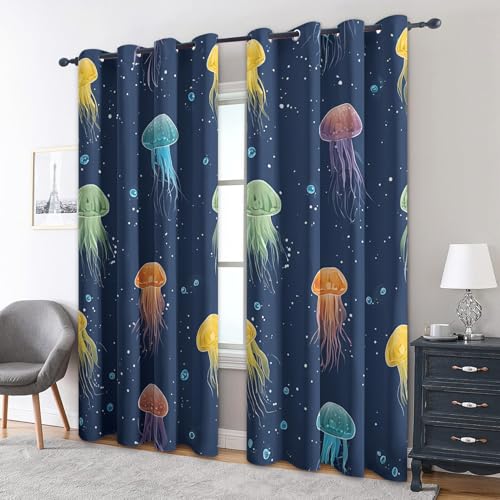 zcwl Qualle Vorhänge, Ocean Marine Blue Verdunklungsvorhänge mit Ösen, Vorhang Blickdicht für Wohnzimmer Schlafzimmer Dekoration, Gardinen mit Muster, 2er Set, 137 x 117 cm (HöhexBreite) von zcwl
