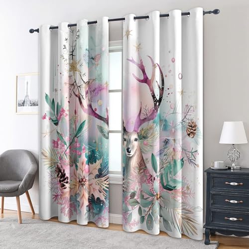 zcwl REH Vorhänge, Aquarellblumentier Verdunklungsvorhänge mit Ösen, Vorhang Blickdicht für Wohnzimmer Schlafzimmer Dekoration, Gardinen mit Muster, 2er Set, 200 x 140 cm (HöhexBreite) von zcwl