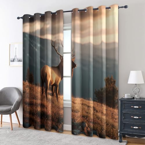 zcwl REH Vorhänge, Elch Hirschberg Verdunklungsvorhänge mit Ösen, Vorhang Blickdicht für Wohnzimmer Schlafzimmer Dekoration, Gardinen mit Muster, 2er Set, 137 x 117 cm (HöhexBreite) von zcwl