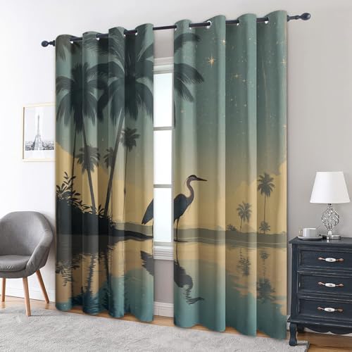 zcwl Reiher Vorhänge, Storch Vogelpalme Verdunklungsvorhänge mit Ösen, Vorhang Blickdicht für Wohnzimmer Schlafzimmer Dekoration, Gardinen mit Muster, 2er Set, 137 x 117 cm (HöhexBreite) von zcwl
