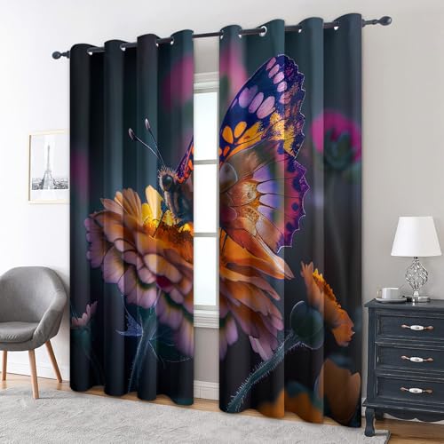 zcwl Schmetterling Vorhänge, Blumeninsekt Verdunklungsvorhänge mit Ösen, Vorhang Blickdicht für Wohnzimmer Schlafzimmer Dekoration, Gardinen mit Muster, 2er Set, 220 x 140 cm (HöhexBreite) von zcwl