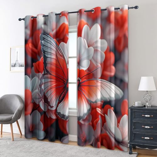 zcwl Schmetterling Vorhänge, Elegante Blume Verdunklungsvorhänge mit Ösen, Vorhang Blickdicht für Wohnzimmer Schlafzimmer Dekoration, Gardinen mit Muster, 2er Set, 260 x 140 cm (HöhexBreite) von zcwl