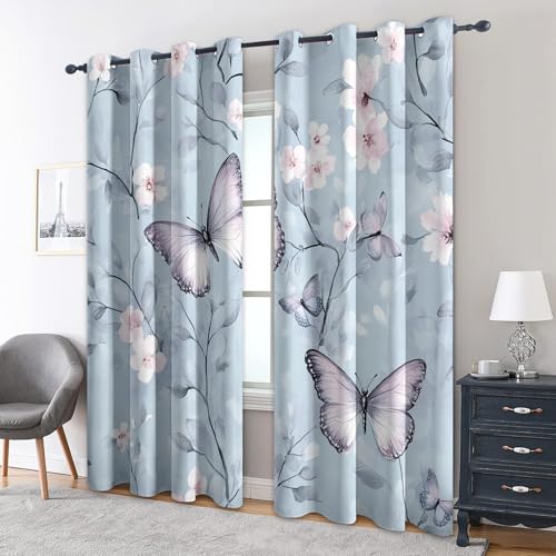 zcwl Schmetterling Vorhänge, Hellblau Blumen Verdunklungsvorhänge mit Ösen, Vorhang Blickdicht für Wohnzimmer Schlafzimmer Dekoration, Gardinen mit Muster, 2er Set, 175 x 140 cm (HöhexBreite) von zcwl