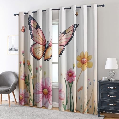 zcwl Schmetterling Vorhänge, Rosa Blumen Verdunklungsvorhänge mit Ösen, Vorhang Blickdicht für Wohnzimmer Schlafzimmer Dekoration, Gardinen mit Muster, 2er Set, 260 x 140 cm (HöhexBreite) von zcwl