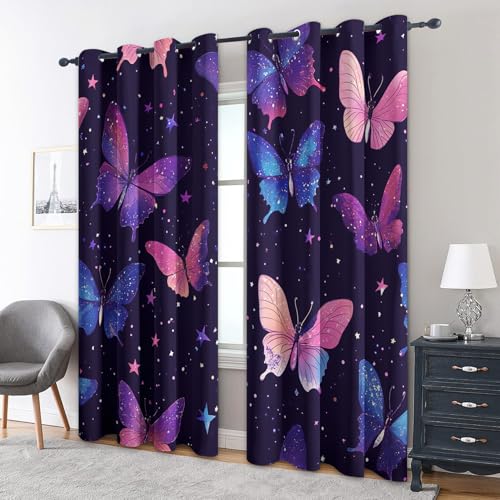 zcwl Schmetterling Vorhänge, Rosa Lila Blau Verdunklungsvorhänge mit Ösen, Vorhang Blickdicht für Wohnzimmer Schlafzimmer Dekoration, Gardinen mit Muster, 2er Set, 145 x 140 cm (HöhexBreite) von zcwl